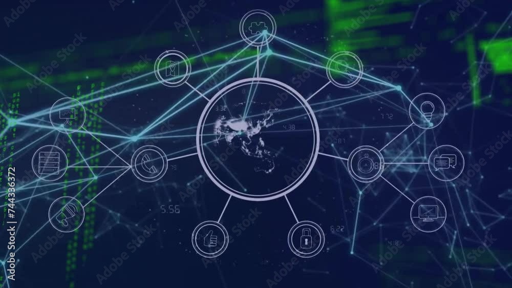 Animation of network of connections with icons and data processing Animation of network of connections with icons and data processing