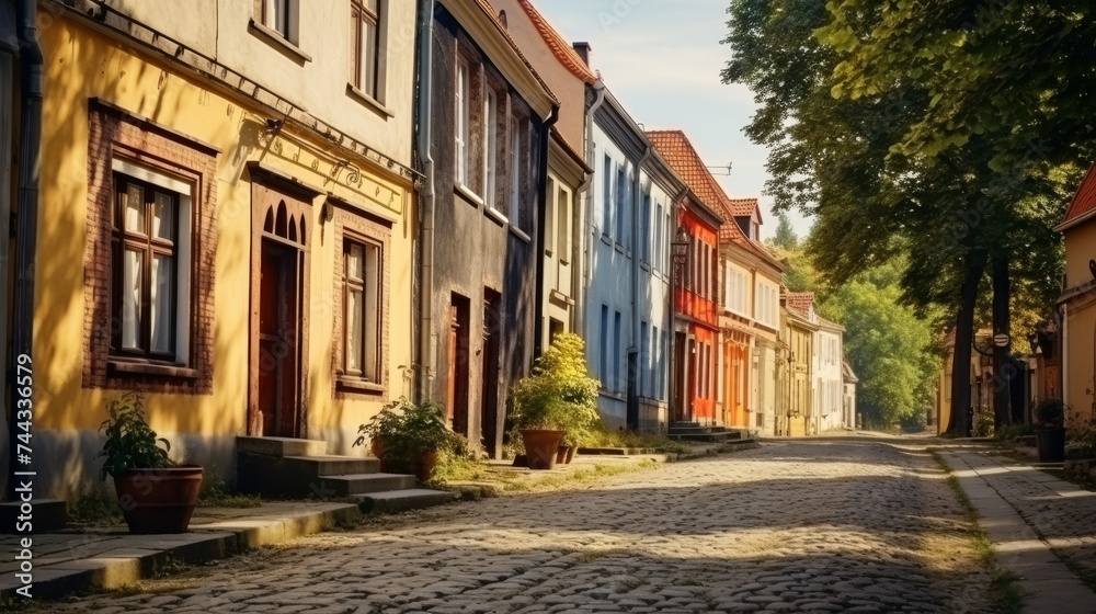 View to street the facade of old houses