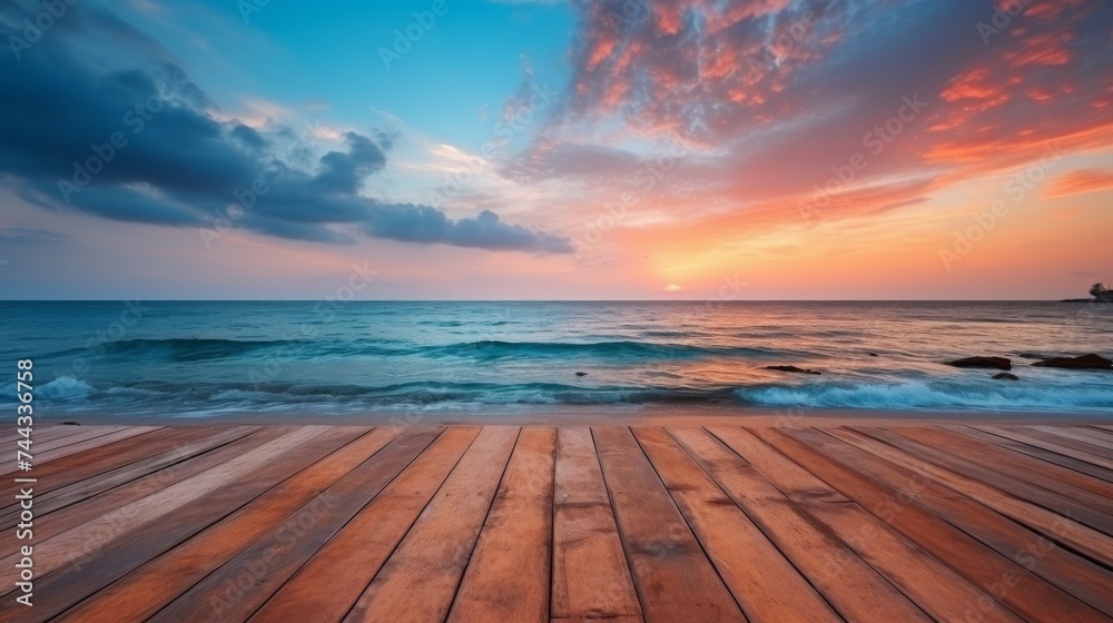 Wooden products near sea under blue sunset sky at evening