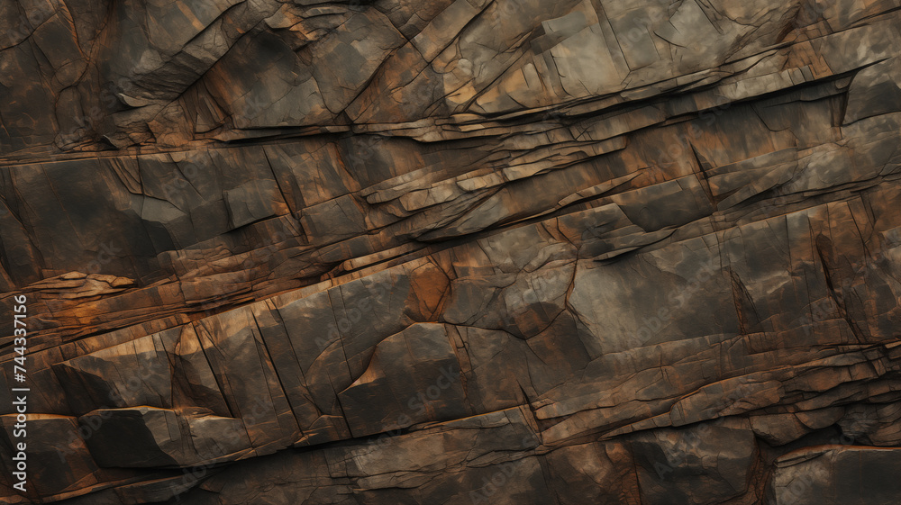 Cliff rock face texture surface dark background of great outdoors, nature exploration and travel. Brown earth tones granite stone slice natural background for copy space abstract textures by Vita - obrazy, fototapety, plakaty 