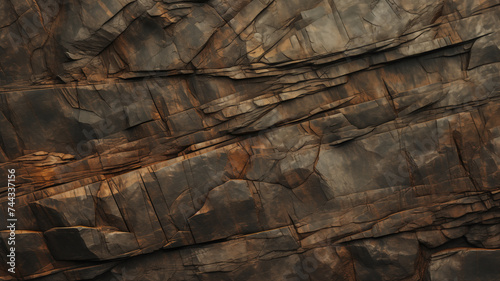 Cliff rock face texture surface dark background of great outdoors, nature exploration and travel. Brown earth tones granite stone slice natural background for copy space abstract textures by Vita #744337156