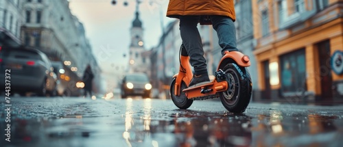 Electric scooters for rent in a city center, offering eco-friendly transportation alternatives to reduce urban congestion and pollution. photo