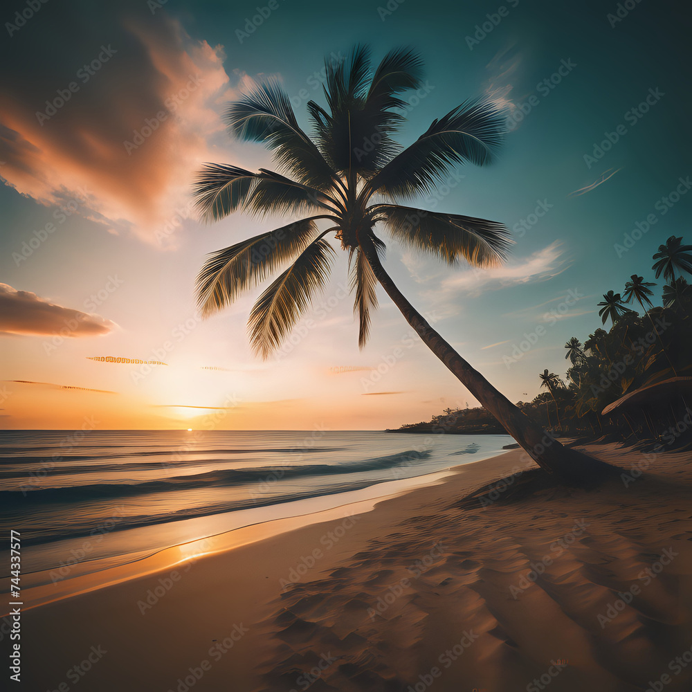Sunset beach with tropical palm tree over beautiful sky. Palms and beautiful sky background - generated by ai