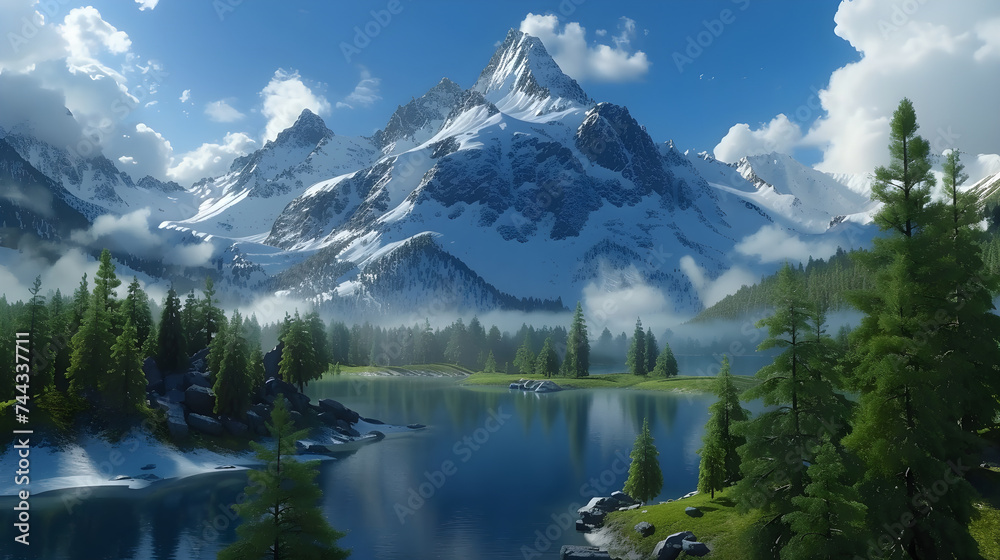 Concept of Serenity and Wilderness: Breathtaking Landscape of Snow-Capped Mountains, Pristine Lake, and Lush Greenery Reflecting Nature’s Majesty and Tranquility