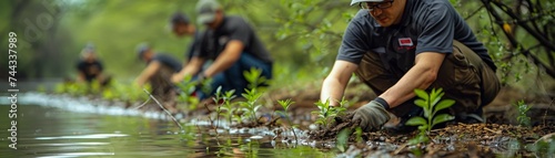 Volunteers are restoring a wetland by planting natives and removing invasives. photo
