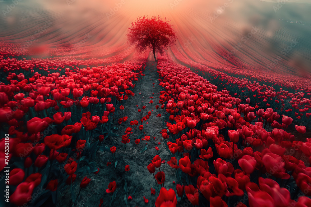 Fototapeta premium Picturesque red tulip flower fields in Holland and a lonely tree, Netherlands, scenic aerial view on a beautiful day