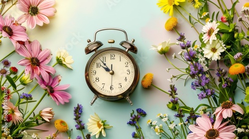 A vintage alarm clock surrounded by a vibrant array of spring flowers photo