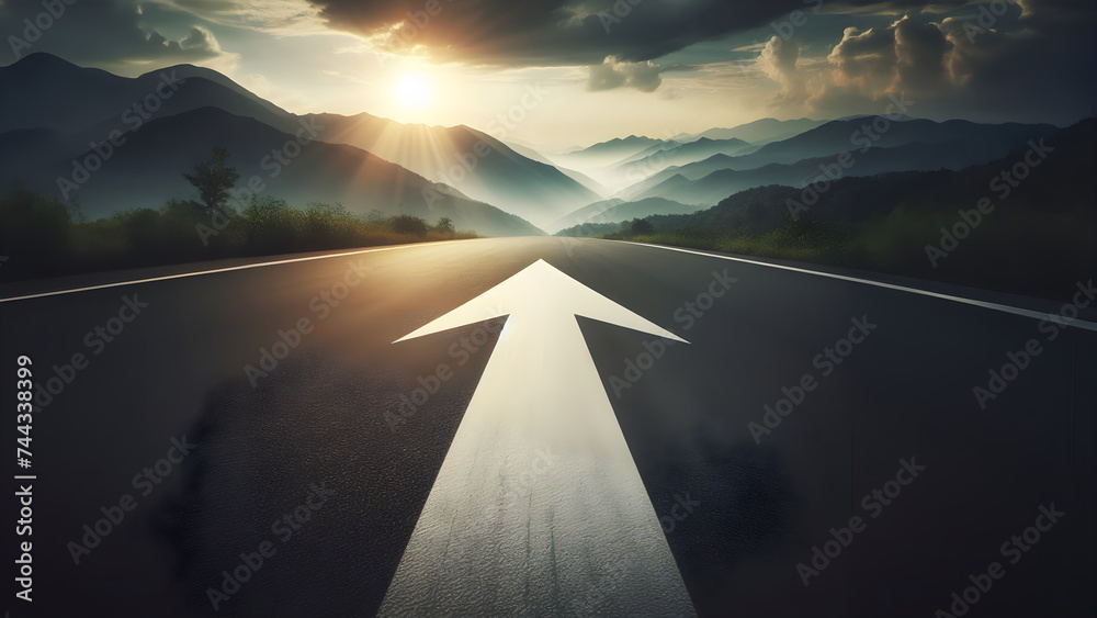 An asphalt road stretches into the distance with a painted white arrow ...