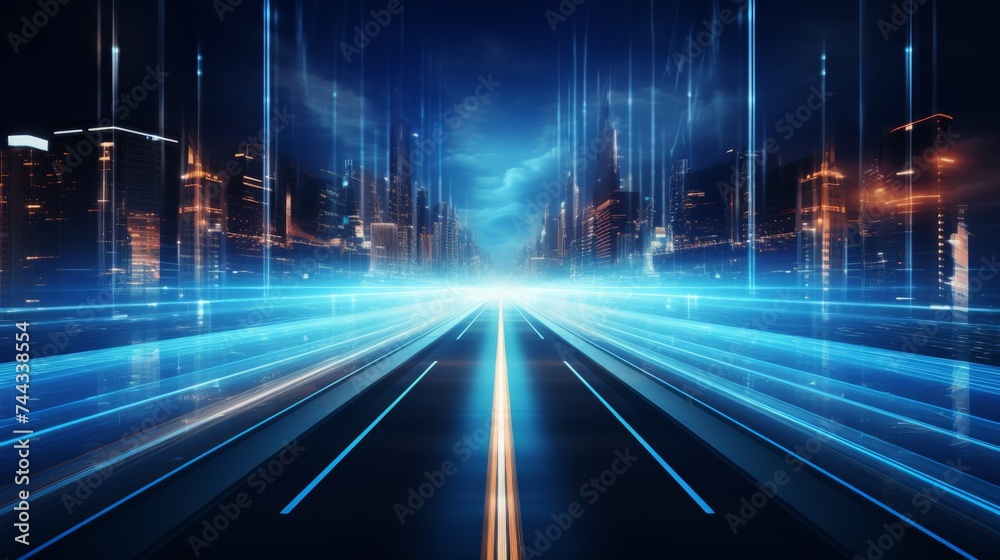 Abstract road with blue light trails , data transfer speed and digitization Abstract road with blue light trails , data transfer speed and digitization