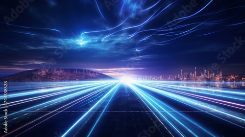 Abstract road with blue light trails , data transfer speed and digitization