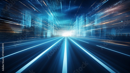 Abstract road with blue light trails   data transfer speed and digitization