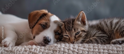 Peaceful cat and dog enjoying a cozy nap on top of a soft blanket at home