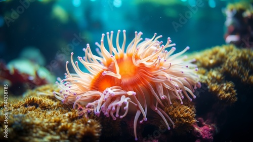  An orange sea ​​anemone floating in the ocean water 