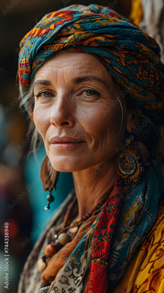 Portrait of Beautiful Middle-Aged Gypsy Woman in Traditional Clothes