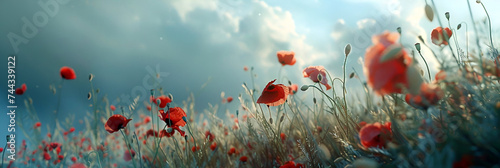 A banner with bright red poppy flowers, a poster for Memorial Day, Memorial Day, Anzac Day. A place for the text. Bright red and white poppies with dark leaves.