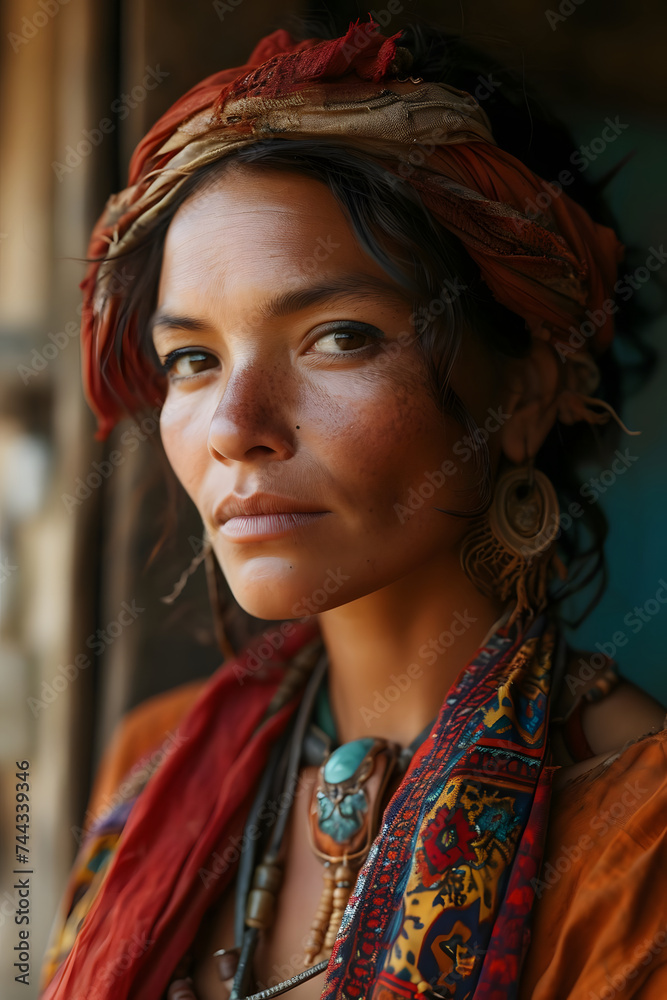 Portrait of Beautiful Gypsy Woman in Traditional Dress