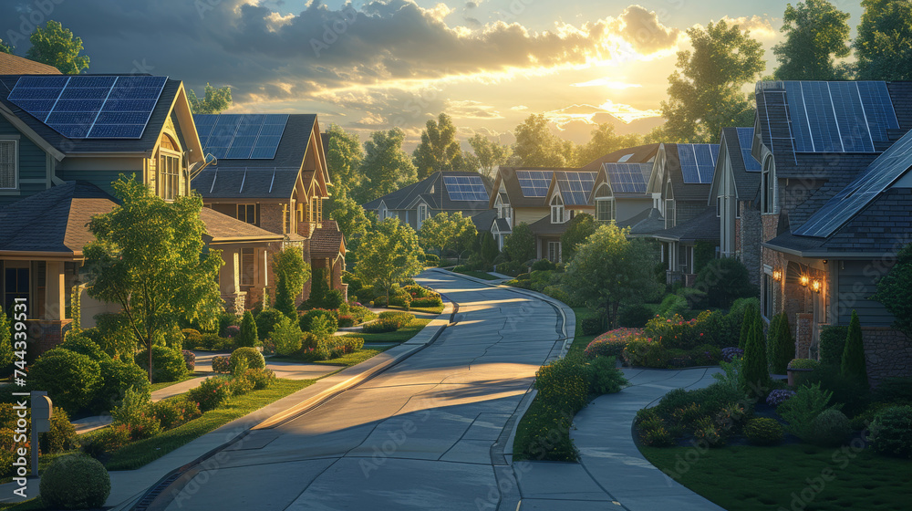a cozy street with single-family houses with solar panels on the roofs - obrazy, fototapety, plakaty 