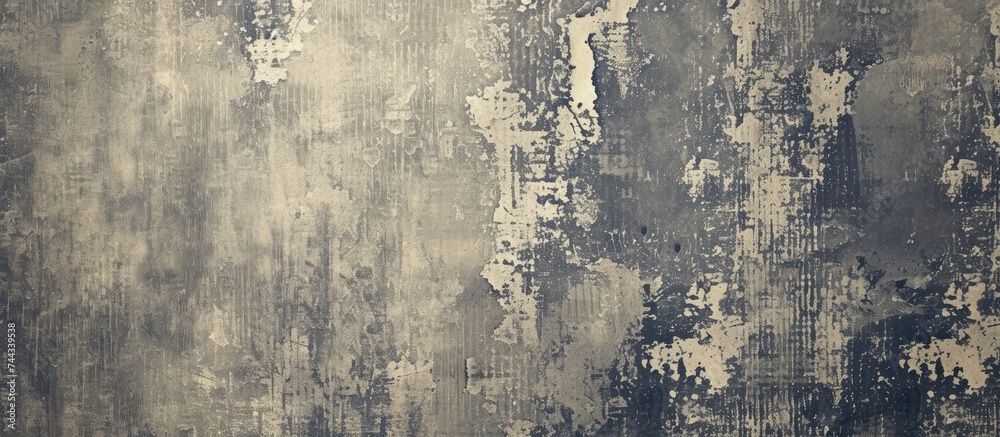 An abstract retro grey wallpaper featuring a rustic grunge pattern on a rough cardboard surface, showcasing a decaying old wall with peeling paint.
