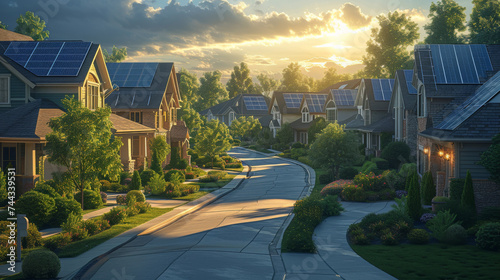 a cozy street with single-family houses with solar panels on the roofs photo