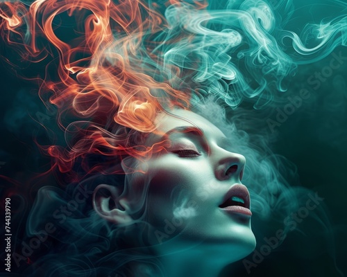 Psychedelic portrait of a woman with dark teal and crimson smoke swirling around the head