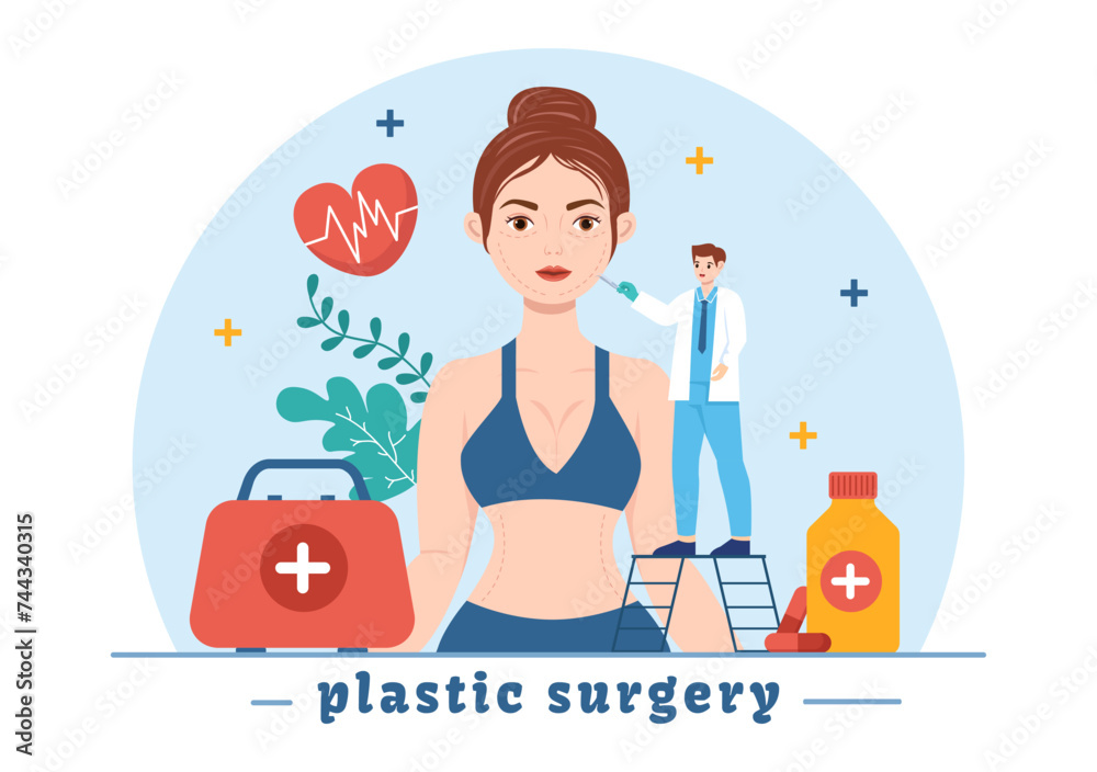 Obraz premium Plastic Surgery Vector Illustration of Medical Surgical Operation on the Body or Face as Expected using Advanced Equipment in Cartoon Background