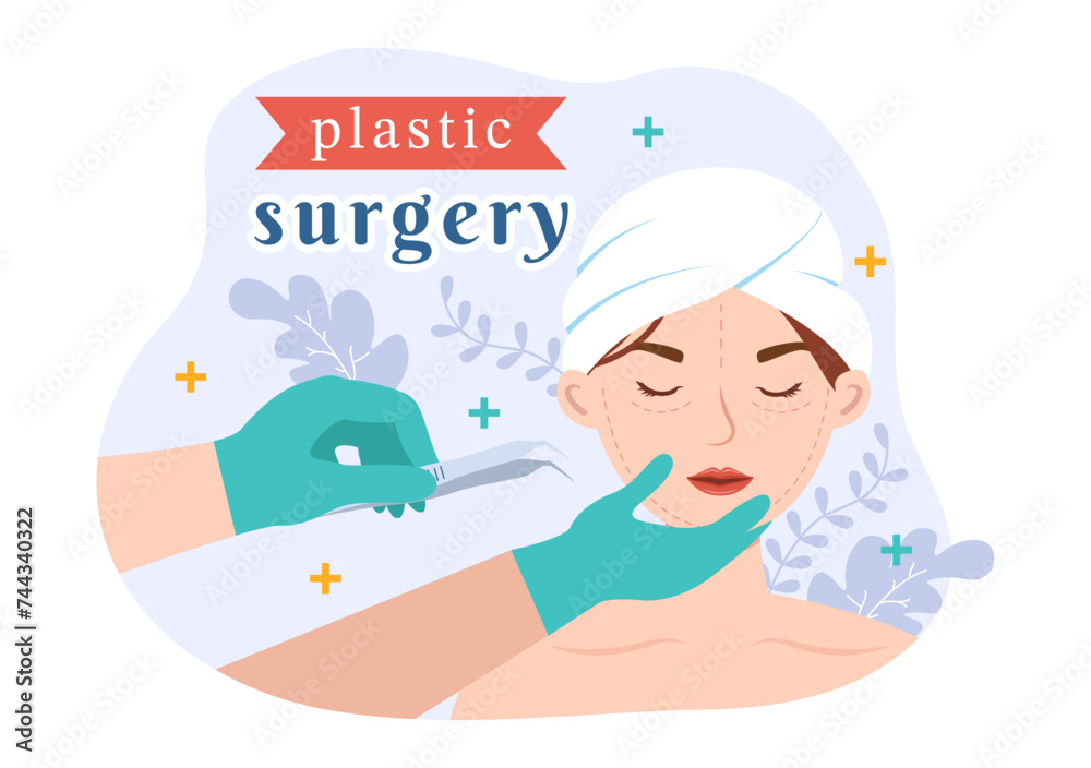 Obraz premium Plastic Surgery Vector Illustration of Medical Surgical Operation on the Body or Face as Expected using Advanced Equipment in Cartoon Background
