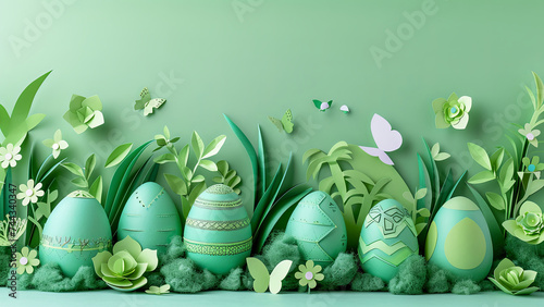 Easter Paper Art with Green Eggs and Floral Elements photo