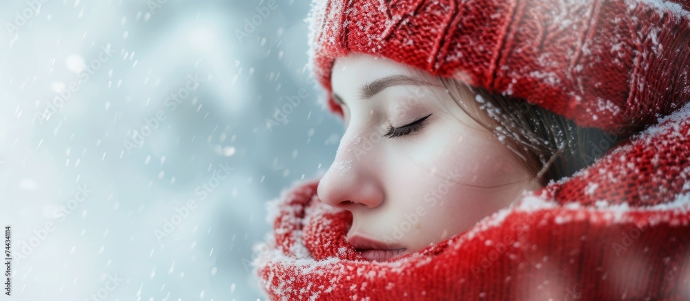 Portrait of a young girl in a vibrant red hat and scarf enjoying a winter day outdoors