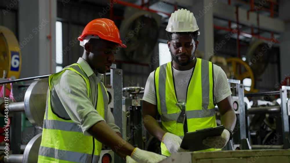 African American engineer or worker working in a factory with heavy machinery. Industrial Specialist Standing in a Metal Construction Manufacture. technicians and assistant workers in warehouse. African American engineer or worker working in a factory with heavy machinery. Industrial Specialist Standing in a Metal Construction Manufacture. technicians and assistant workers in warehouse.