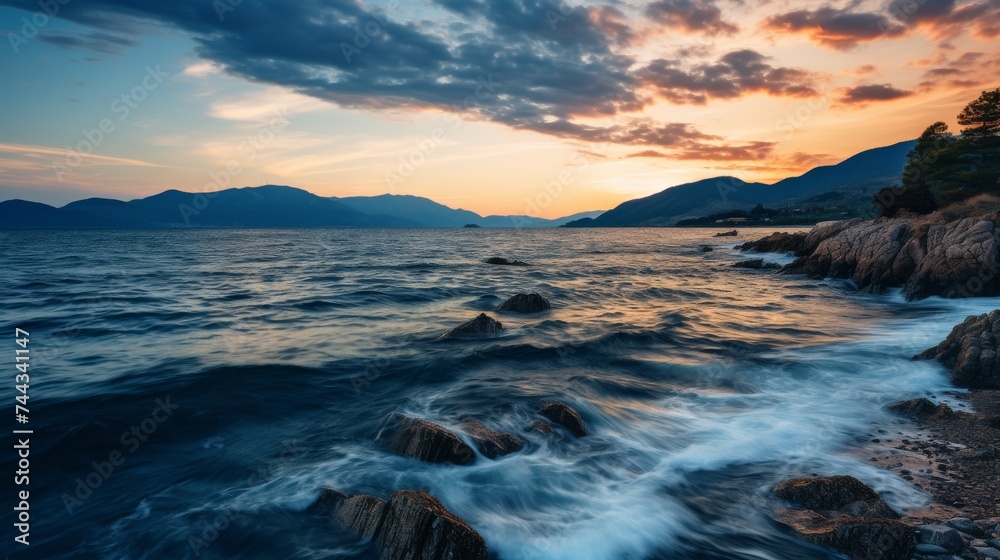 Coast of wavy sea under cloudy sky at sunset with distant mountains Coast of wavy sea under cloudy sky at sunset with distant mountains