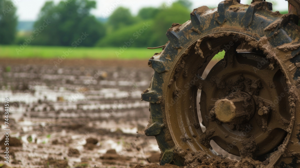 A muddy metal tractor wheel adorned with deep treads and caked with clumps of wet dirt from the fields.