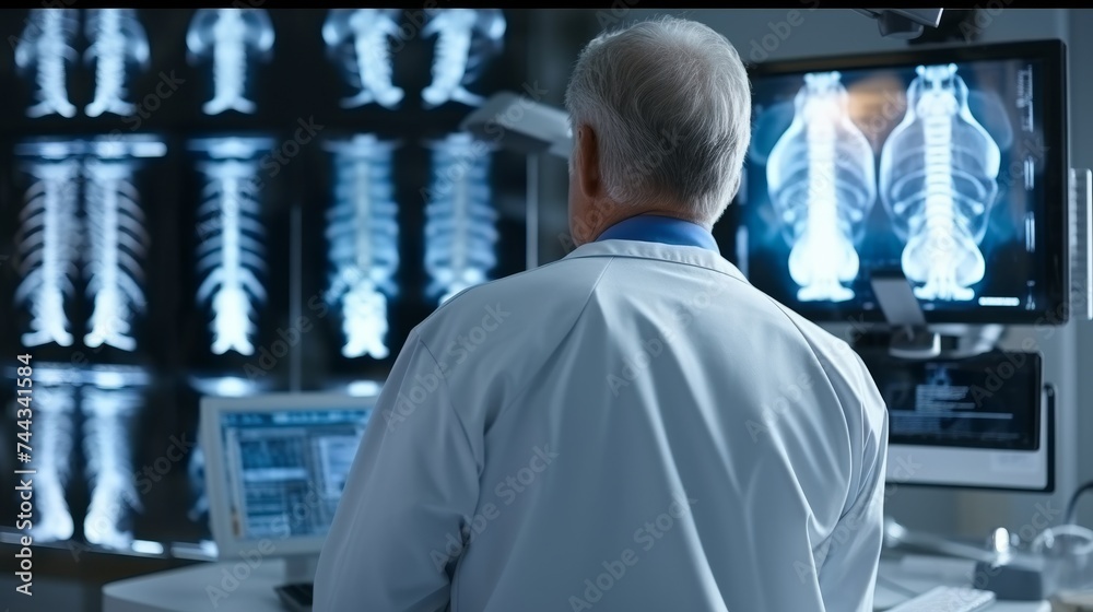 Doctor in uniform analyzing x ray scan while examining patient problems in contemporary clinic Doctor in uniform analyzing x ray scan while examining patient problems in contemporary clinic
