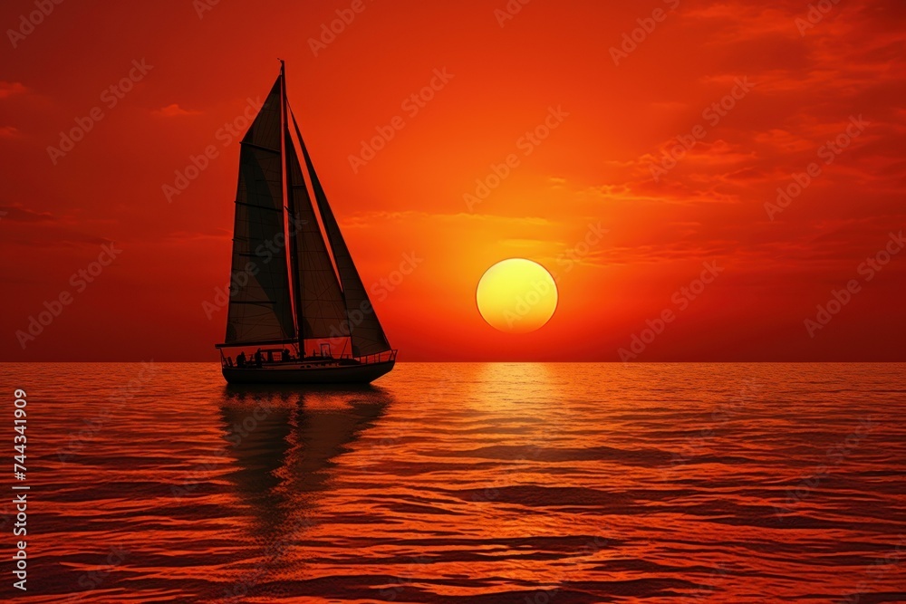 Sailboat red sunset. Ocean boat. Generate Ai