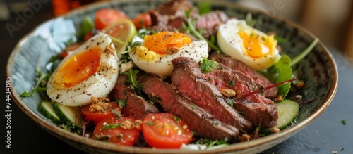 Delicious bowl of food with savory meat, fresh eggs, and assorted healthy vegetables on a wooden table