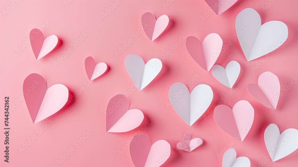 Delicate Pink Paper Background Adorned with Handcrafted Paper Hearts