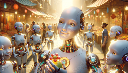 Androids enjoying a vibrant marketplace with human-like features and whimsical robotic pets.