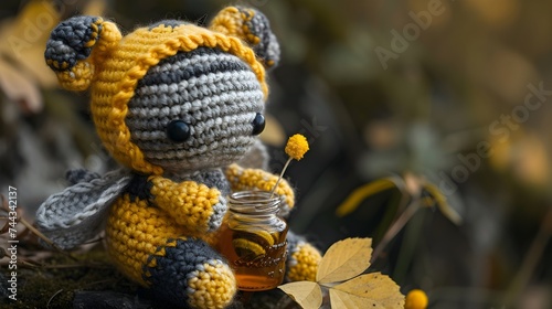 Handcraft Honey bee with honey. Holiday honey. Yellow background. Handicraft bee.  the beauty of a carefully crafted crochet honey bee hive emoji against a solid white background. Ai Generative. 