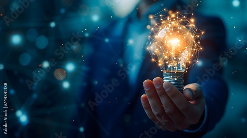 Glowing Lightbulb Showing New Futurisitc Technology Business Ideas. businessman holding half of an abstract light bulb and brain on a dark blue background with a light bulb. Ai Generative. 