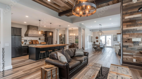 This stunning industrial farmhouse is full of character with features like industrialinspired light fixtures and weathered wood elements giving it a distinct charm.