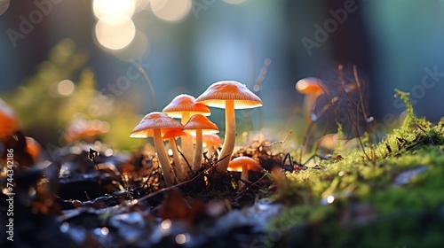 Young mushrooms growing in the forest with beautiful soft bokeh morning sun light.
