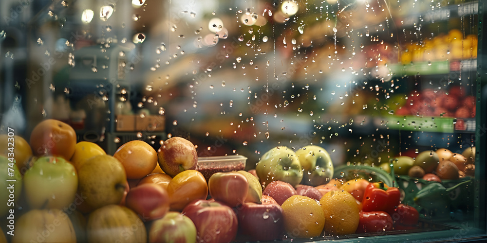 refrigerated shelf in supermarket with Fruits and vegetables
 - obrazy, fototapety, plakaty 