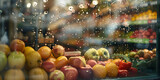 refrigerated shelf in supermarket with Fruits and vegetables 