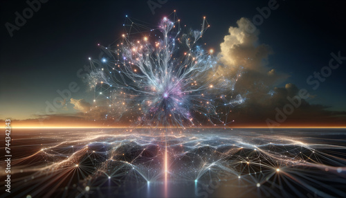 Surreal Neural Network: Luminous web of interconnected tendrils in dreamlike landscape.