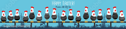 Happy Easter from all of us with funny chicken characters sit on a chicken perch and watch the meadow and garden, panorama banner for web