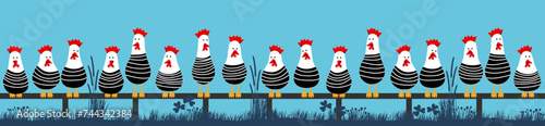 Multi funny chicken characters sit on a chicken perch and watch the meadow in the garden, panorama banner for web for chicken breeders, chicken farms, egg sales