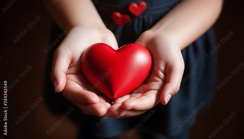 Child's hands grasping a crimson heart, a symbol of love, for World Health Day
Child's hands grasping a crimson heart, a symbol of love, for World Health Day