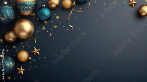 Copy Space Enhanced by Golden and Blue Glass Ornaments on Ribbon against Navy Blue Background