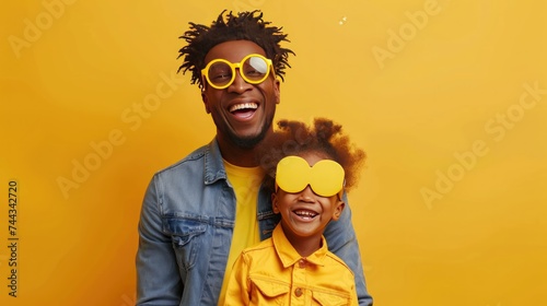 Funny man and his young daughter dressed up in disguise, adding humor to April Fools' Day celebration on yellow background photo