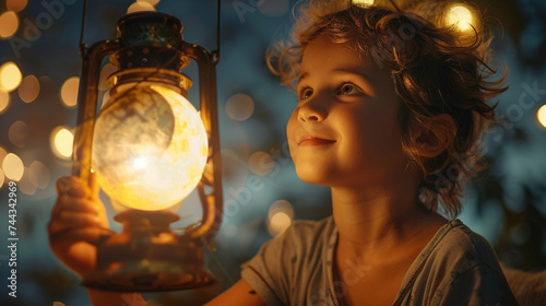 A kid holding a lantern and smiling while looking at the crescent moon