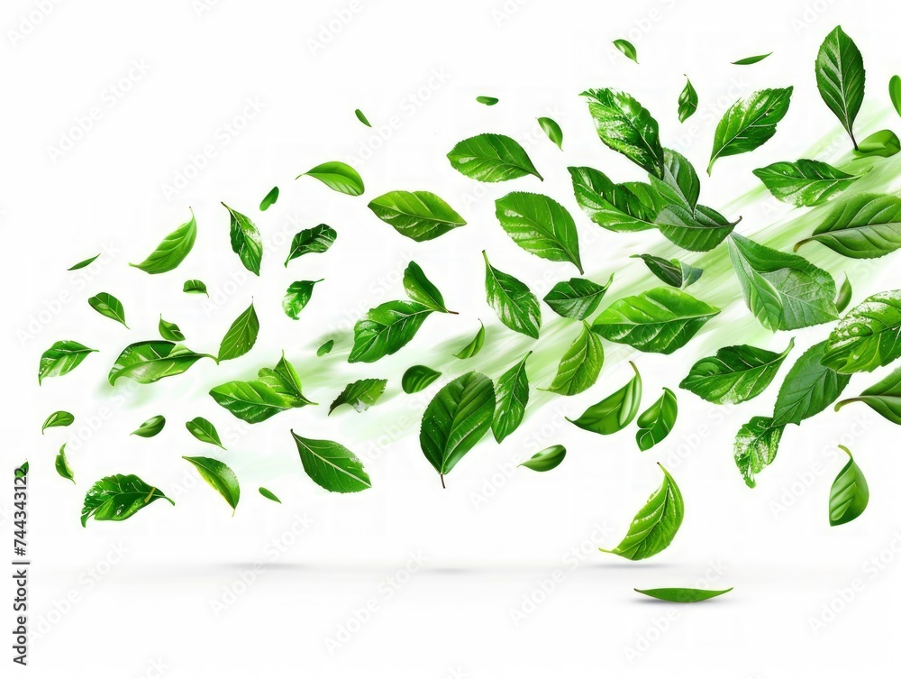 Floating green leaves whirl in the air against a clean white background, embodying the concept of organic, natural ingredients